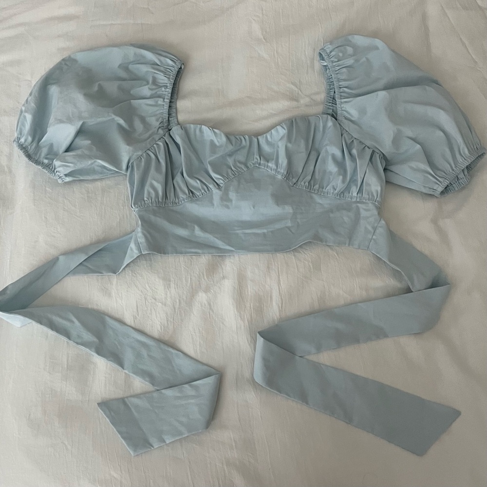 vestique puff sleeve milkmaid baby blue top